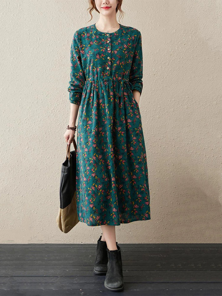 Long Sleeve Cotton Linen Vintage Floral Print Dresses For Women  Casual Dress Robe Femme Elegant Clothing