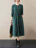 Long Sleeve Cotton Linen Vintage Floral Print Dresses For Women  Casual Dress Robe Femme Elegant Clothing