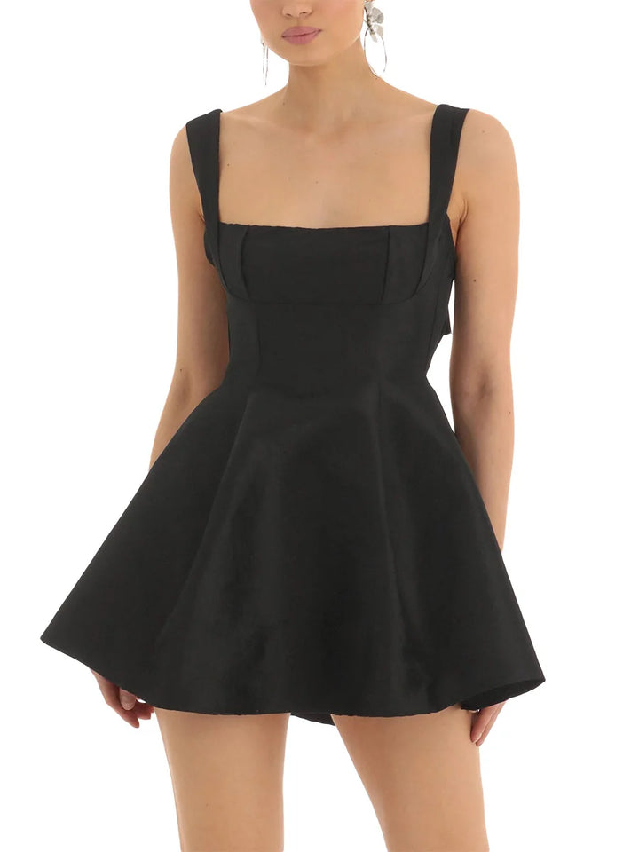 Women Summer Back Bow Short Sling Dress Solid Color Sleeveless Backless Square Neck Party Club A-line Dress