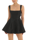 Women Summer Back Bow Short Sling Dress Solid Color Sleeveless Backless Square Neck Party Club A-line Dress