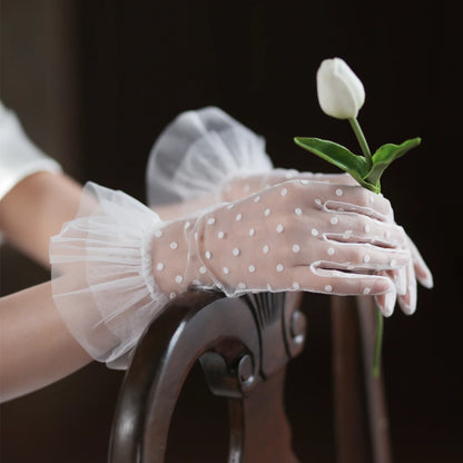 Wedding Bridal Handmade Gloves Soft Tulle Dots Ruffle Shor