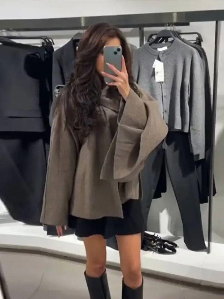 Elegant Asymmetric Scarf Women's Cape Knitted Jacket Fashion Solid Long Sleeved Short Woolen Coat Lady