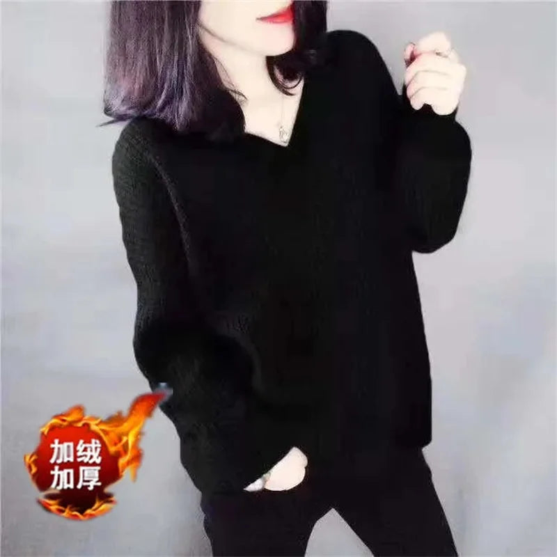 Ladies V-neck Pullover Knitted Autumn Winter Female New Solid Color Knit Coat