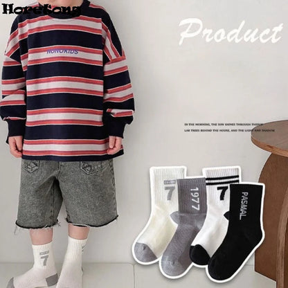 Horetong 4 Pairs/ Lot Letter Print Soft Breathable Cotton Kids School Sock Girls Boys Casual Black White Sports Children's Socks