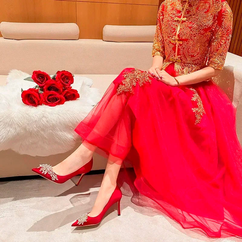 New Wedding Shoes Red High Heels  Slim Heels Korean