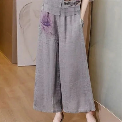 Grey Summer Art Embroidery Wide Leg Pants Casual Fashion