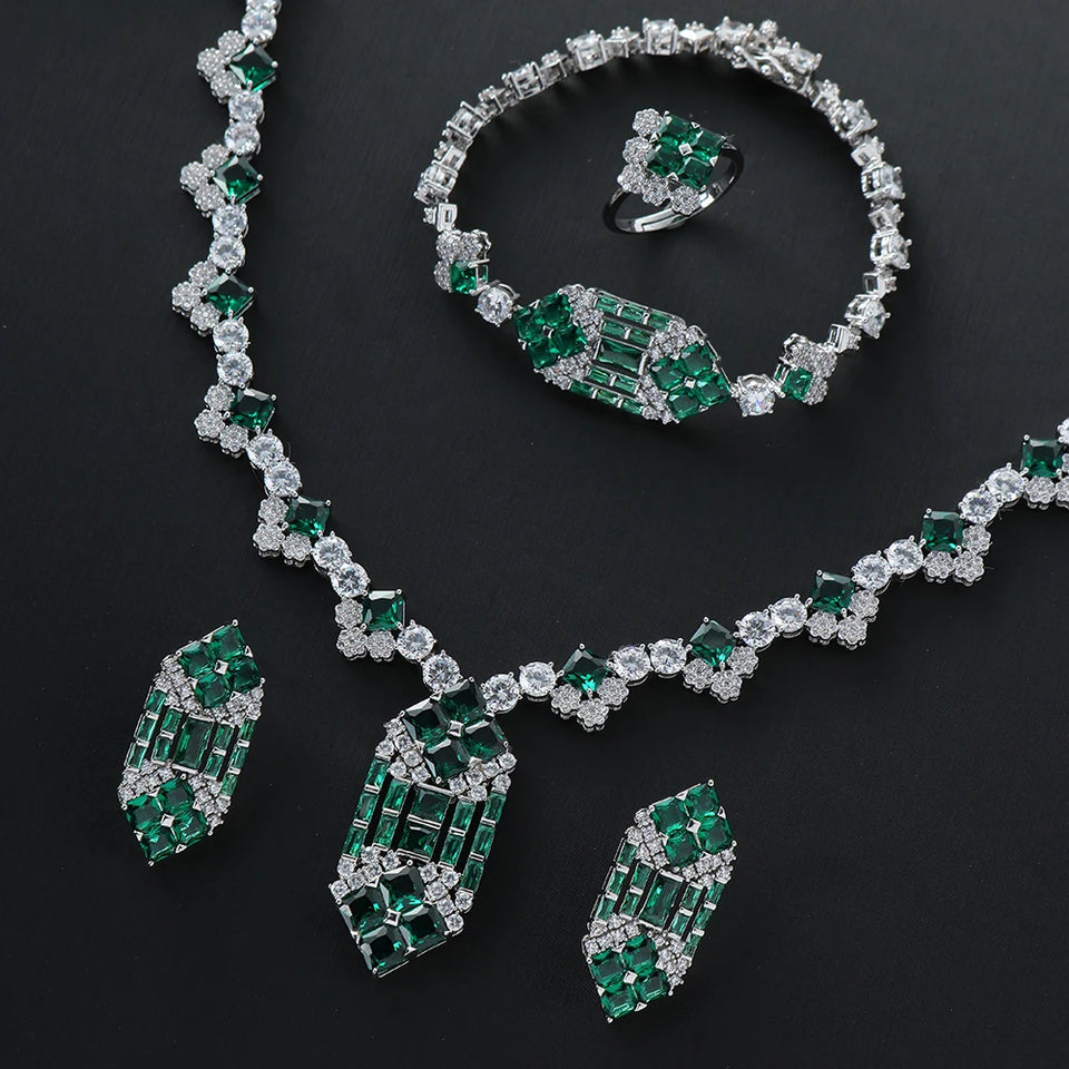 Luxury Geometric Diamond Square Zirconia Flower Pendant Dubai Naija Bridal Necklace Earrings Jewelry Set Official Website S538