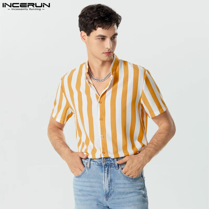 Men Striped Shirt Stand Collar Short Sleeve Casual Men