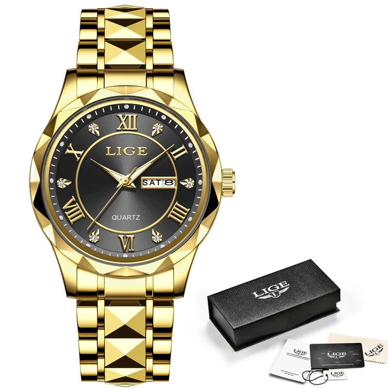 LIGE Luxury Quartz Men Watch Waterproof Luminous Date Week Man Watch Stainless Steel Business Wristwatches Male Clock Reloj+Box