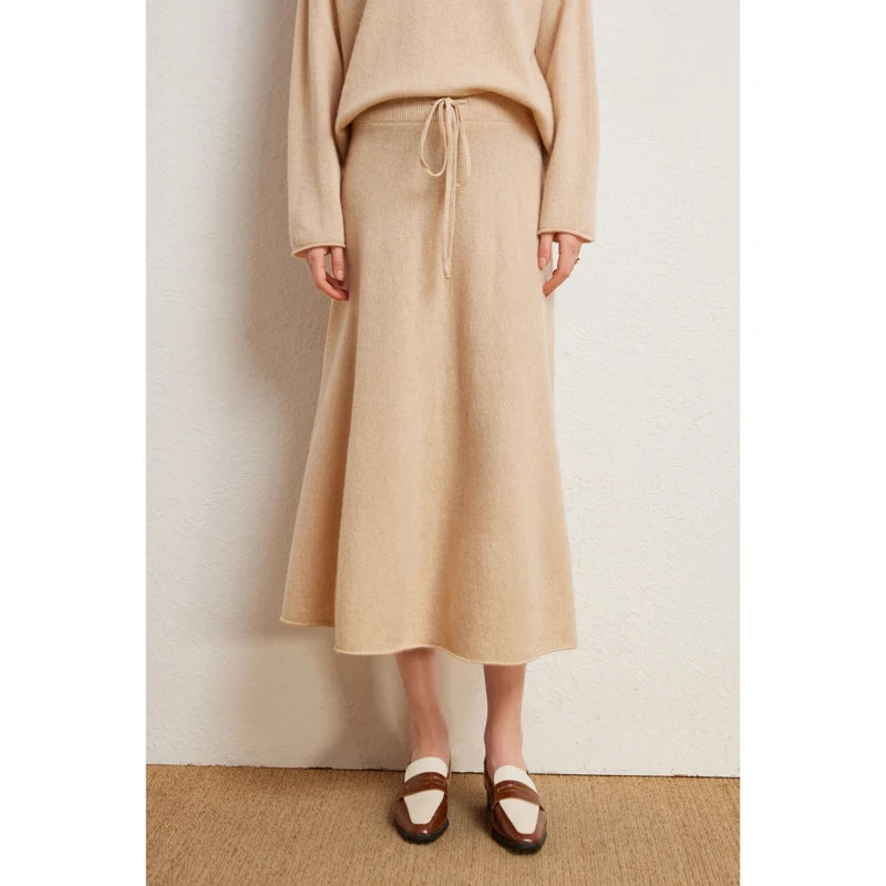 Autumn Winter 100% Cashmere Sweater Luxury Women's  Pullover Skirt Two Pieces Set