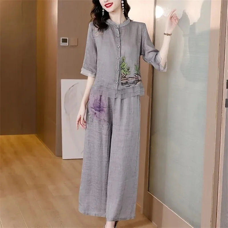 Grey Summer Art Embroidery Wide Leg Pants Casual Fashion