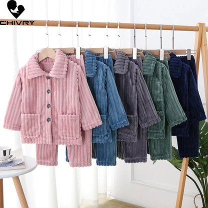 Kids Boys Girls Autumn Winter Thick Warm Soft Flannel Pajama Sets Solid Lapel Tops with Pants Sleeping Clothing Sets