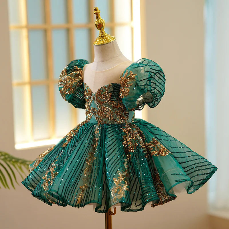 Kids Luxury Party Green Gold Dresses for Girls Size 1 - 12 Years Birthday Photo Shoot Gown Evening Formal Lace Dress Prom Frock