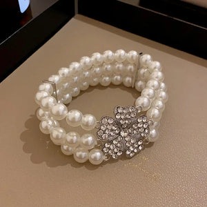 Flower Party Necklaces Women French Luxury Imitation Pearl Multi-layer Necklaces Bracelet Earrings Shiny Rhinestone Jewelry Sets