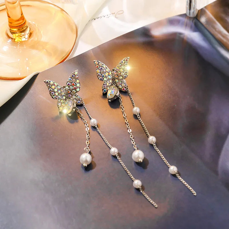 FTCY Purple Butterfly Tassel Earrings for Women Crystal Simulation Pearl Tassel Stud Earrings Women's Party Jewelry Gift