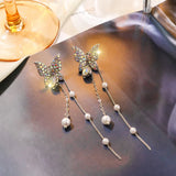 FTCY Purple Butterfly Tassel Earrings for Women Crystal Simulation Pearl Tassel Stud Earrings Women's Party Jewelry Gift
