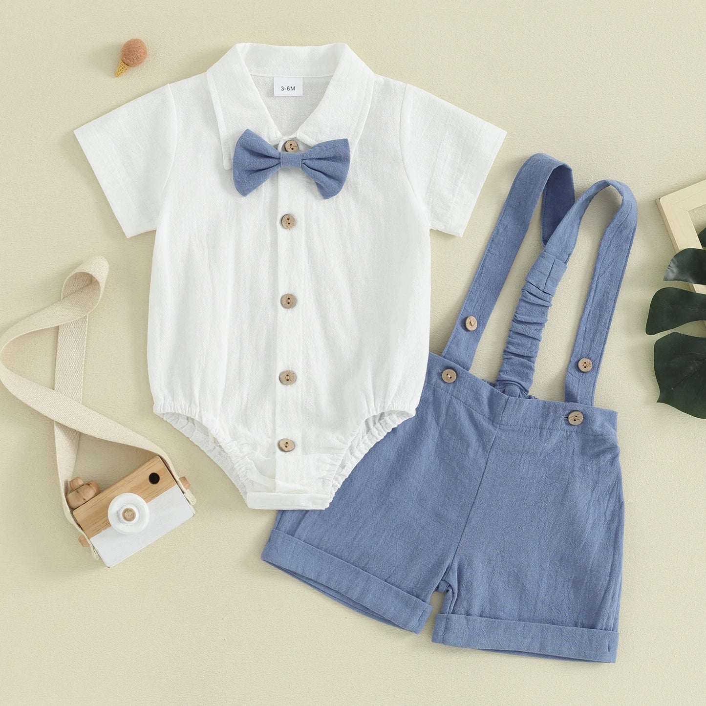 Pudcoco Toddler Boy Gentleman Outfit Solid Color Short Sleeves Romper with Bow Tie and Overalls Shorts