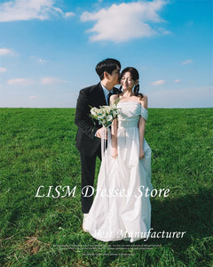 LISM 2025 Off Shoulder A Line Taffeta Wedding Dresses Korea Photo shoot Pleats Country Bridal Gowns Corset Back Customized