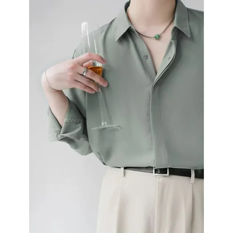 Autumn Loose-fit Korean Style Draped Long Sleeve Casual Shirt For Men