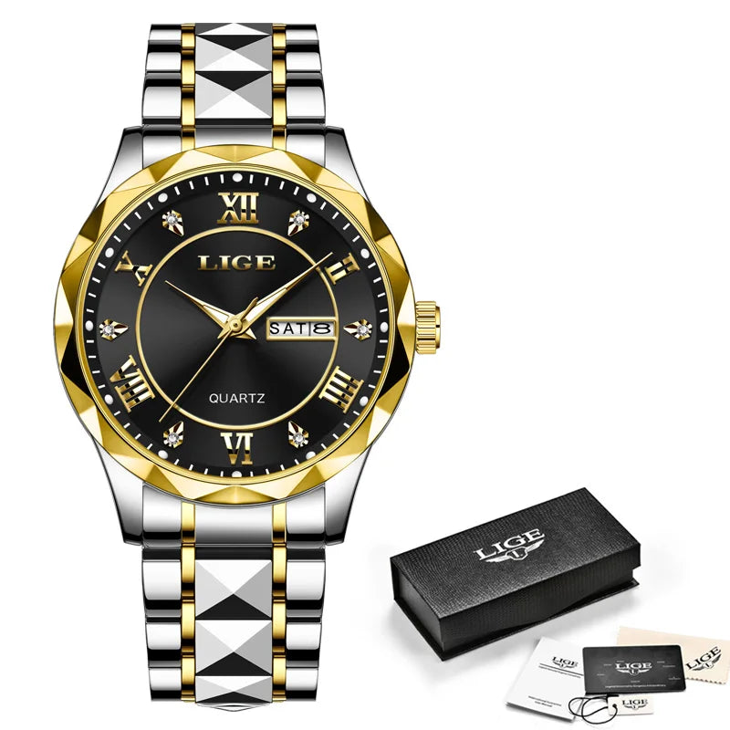 LIGE Luxury Quartz Men Watch Waterproof Luminous Date Week Man Watch Stainless Steel Business Wristwatches Male Clock Reloj+Box