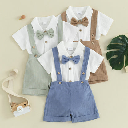 Pudcoco Toddler Boy Gentleman Outfit Solid Color Short Sleeves Romper with Bow Tie and Overalls Shorts