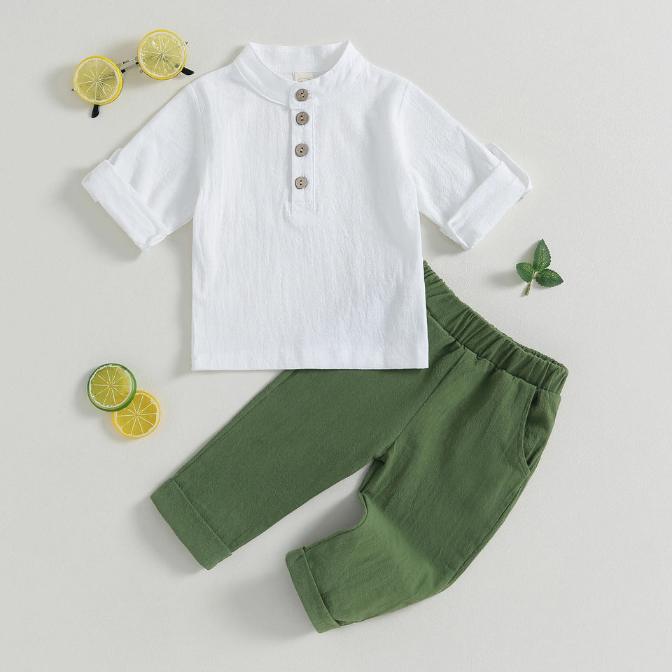Pudcoco Kid Baby Boys Summer Outfits Solid Color Buttons Short Sleeve Shirts and Elastic Waist Long Pants 2Pcs Clothes Set 6M-4T