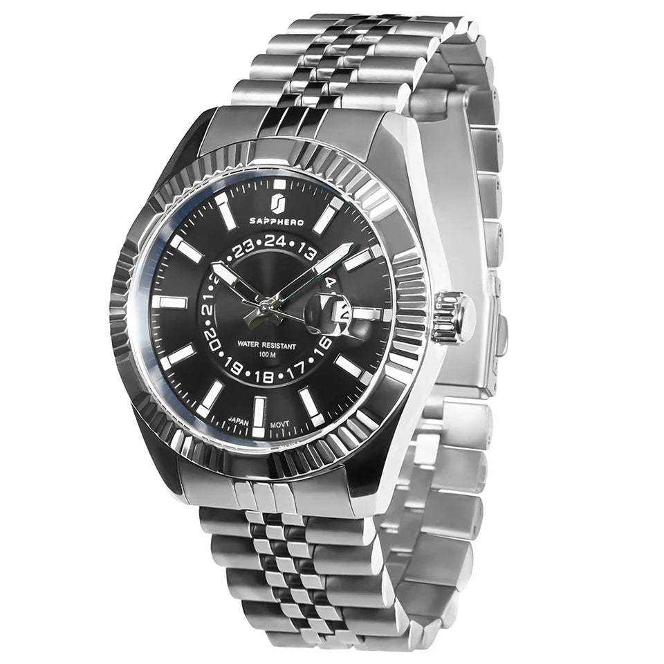 SAPPHERO Mens Watches luxury Business Stainless steel Wristwatch 100m Waterproof Bleu Quartz luminous Clock Gift for Men