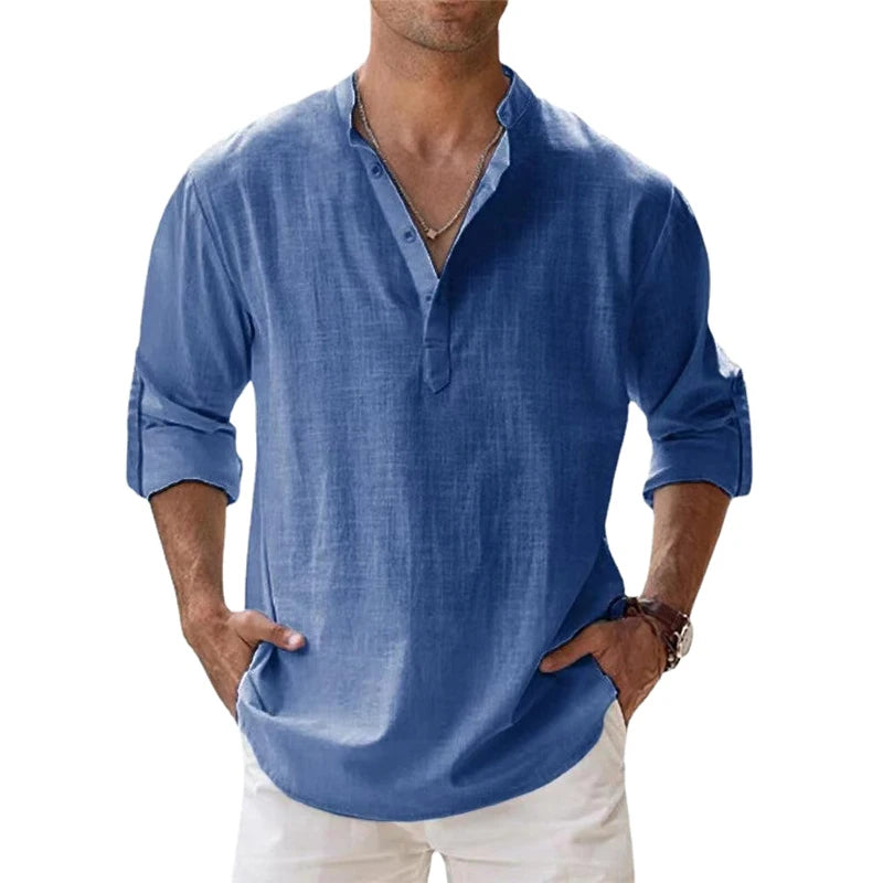 New Cotton Linen Shirts for Men Casual Shirts Lightweight Long Sleeve Henley Beach Shirts