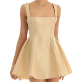 Women Summer Back Bow Short Sling Dress Solid Color Sleeveless Backless Square Neck Party Club A-line Dress