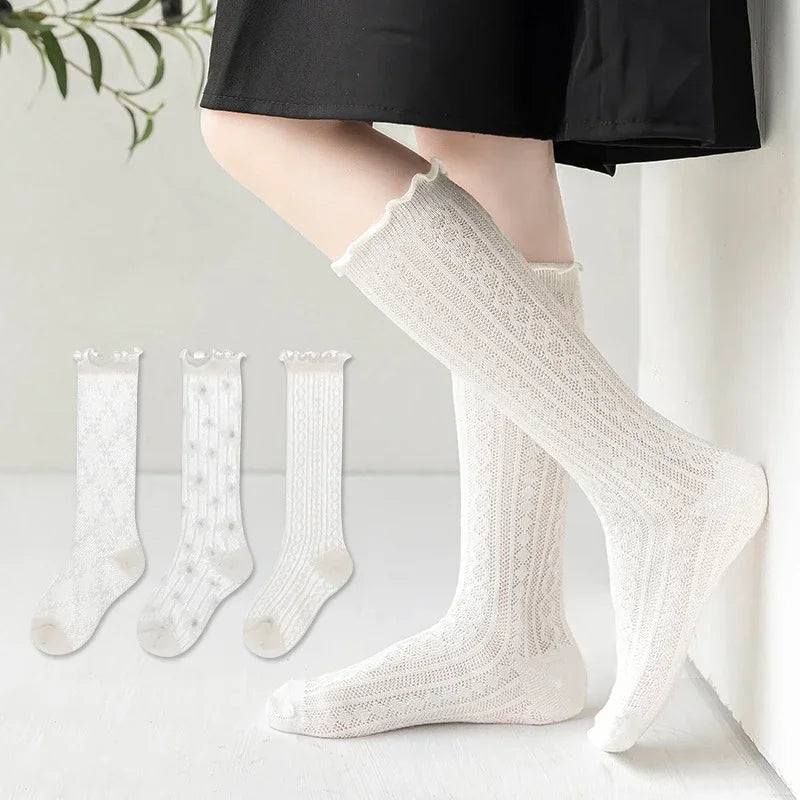 Korean Baby Children Girl Cute Socks Kids White Color Mesh Breathable School Uniform Stockings Princess Knee High Long Socks