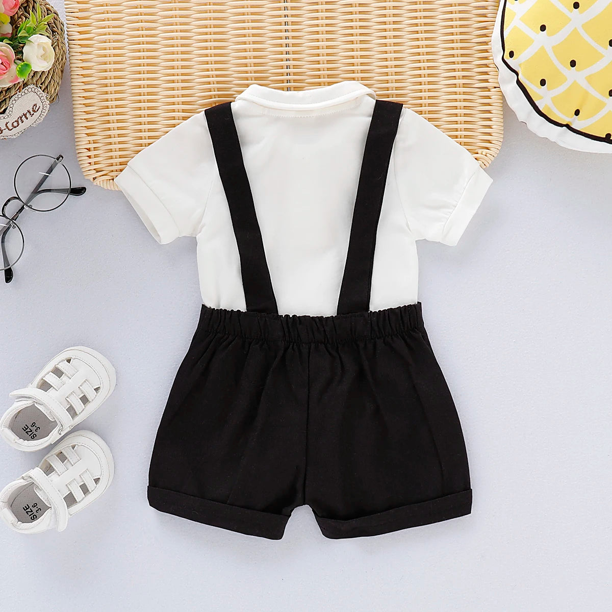 Mini Gentleman Outfit Newborn Baby Boy Formal Costumes Short Sleeve Shirt With Bow + Romper Short Pants