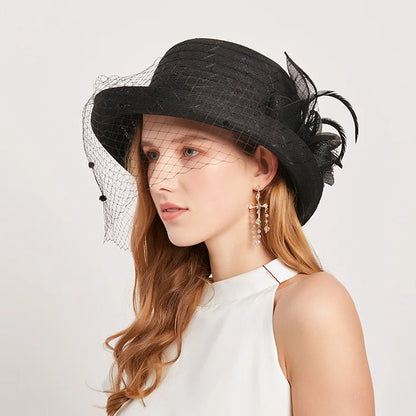 New hapeau femme luxe ceremonie mariage curling mesh top women hat