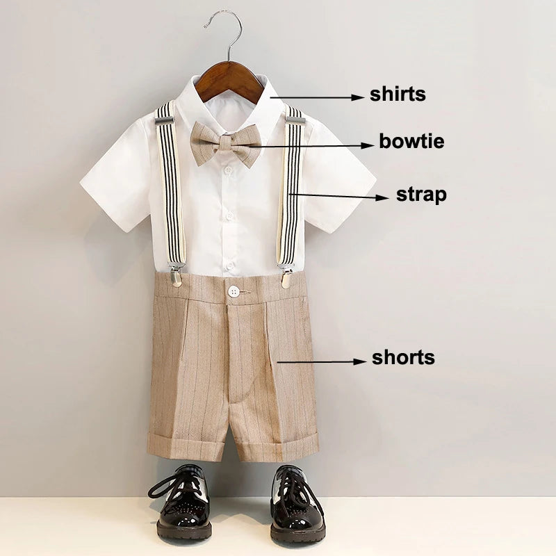 Boys Spring Summer Khaki Striped Suit Set Baby Child Birthday Party Wedding Photography Costume Kids Blazer Vest Pants Clothes