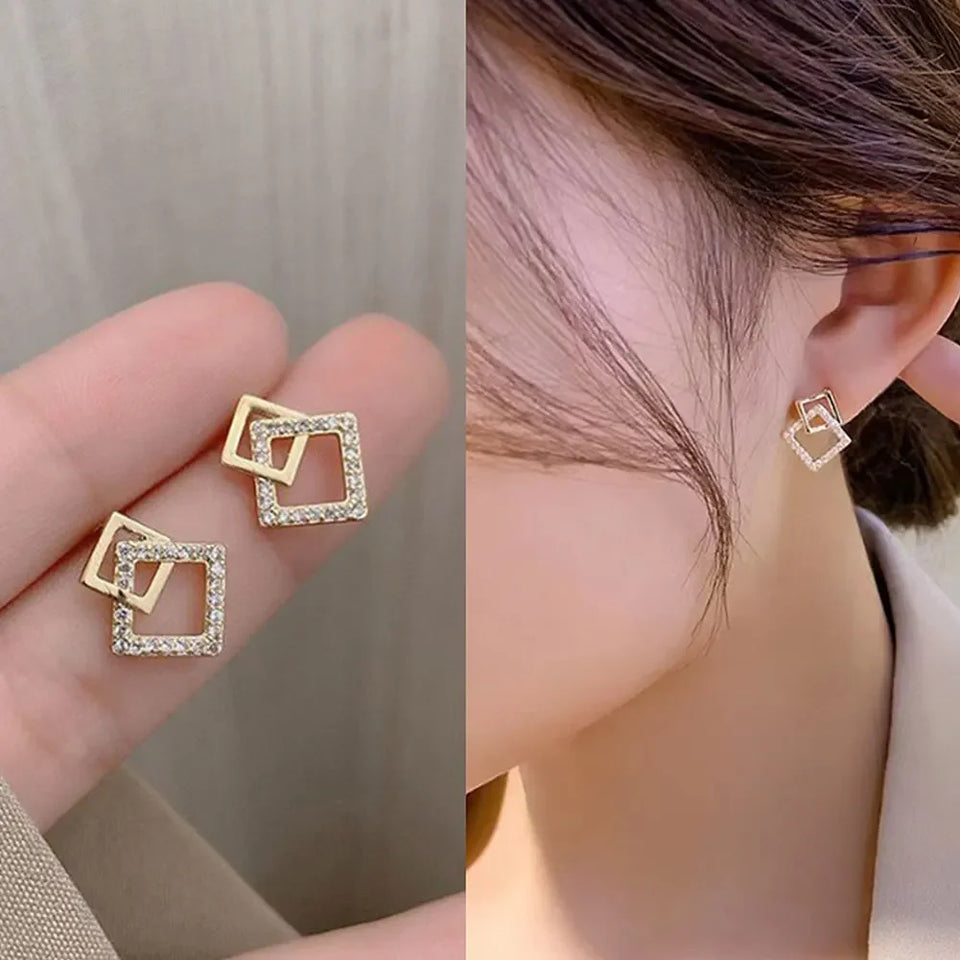 Luxury Square Zircon Rhinestone Geometry Earrings Simple Exquisite Alloy Earrings Ear Studs Women Versatile Ear Jewelry