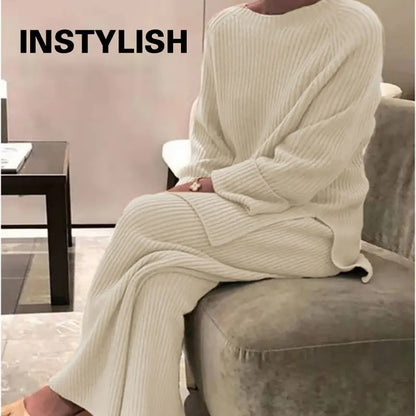 Women Elegant Sweater Suit Elegant Knitted Two Pieces Set Autumn Winter Oversized Pullover and Trousers