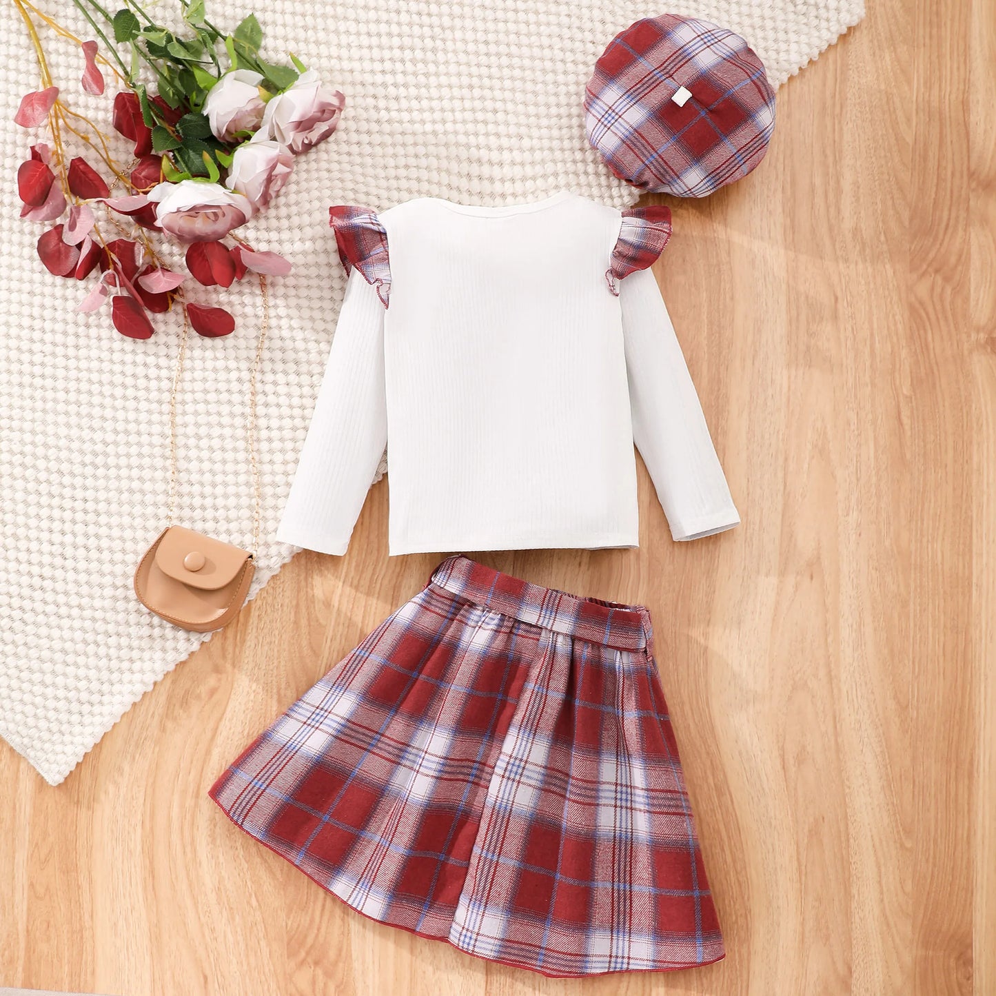 Toddler Girls Flutter Trim Long Sleeve Top + Plaid Skirt Kids Clothes Autumn Party