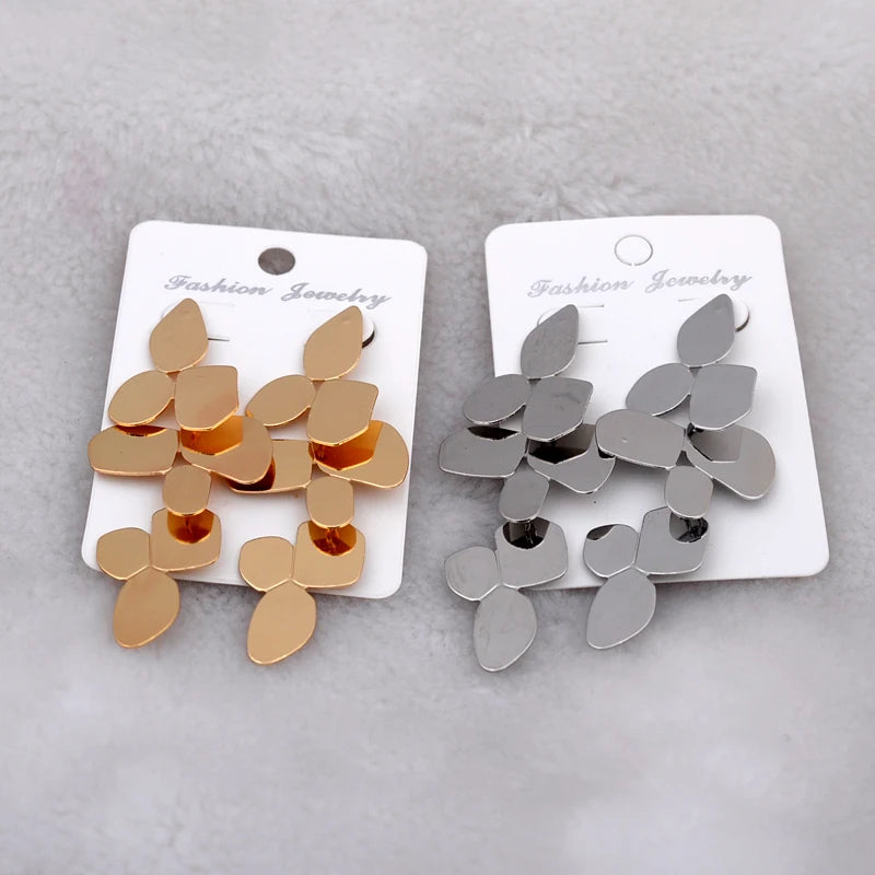 Irregular Geometry Leaf Long Dangle Earrings Retro Exaggerate European Statement Jewelry Golden Silver Color Punk Party Ear Acc