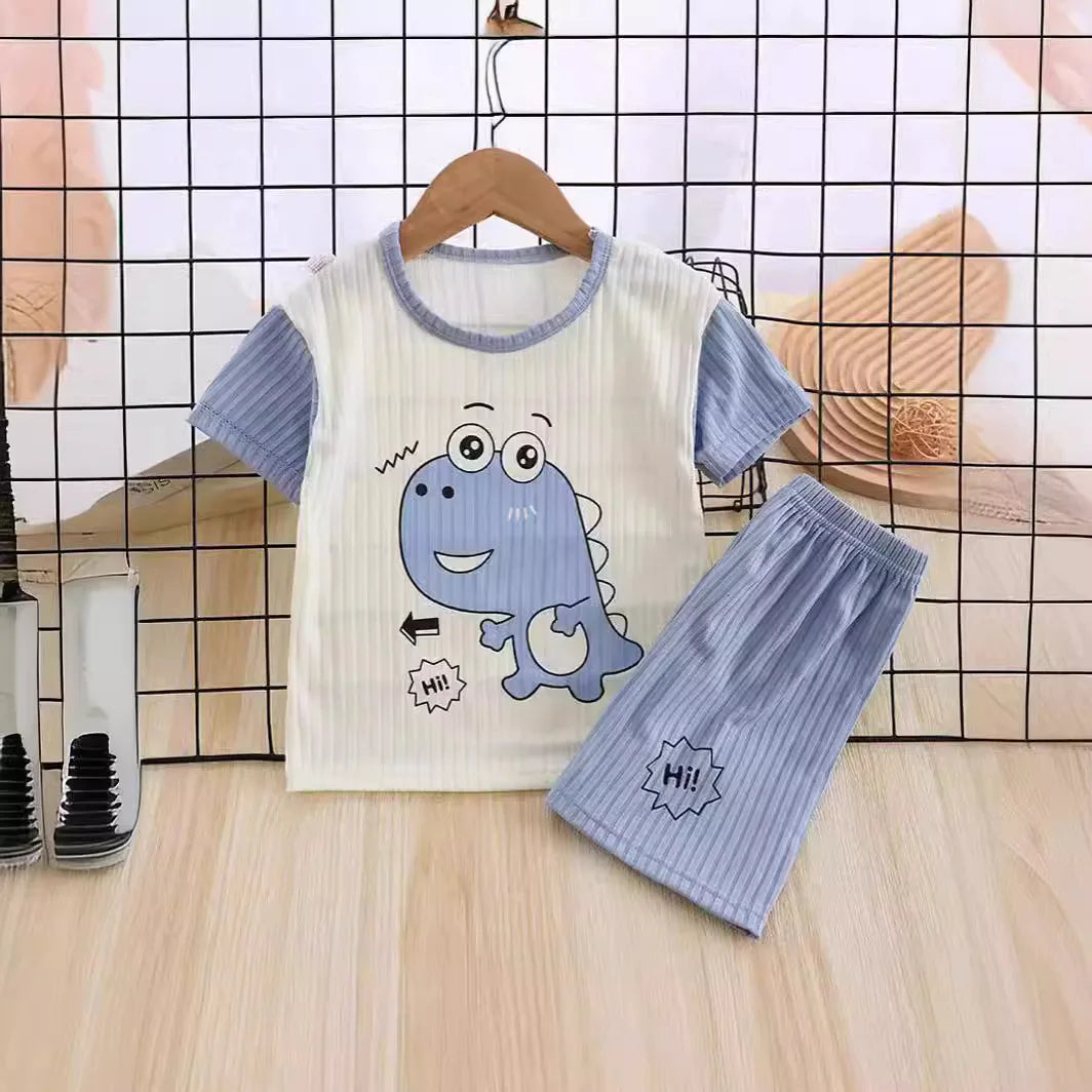 Kids Boys Girls Summer Breathable Pajamas Cartoon Dinosaur Short Sleeve T-Shirt Tops with Shorts Toddler Baby Clothing Sets