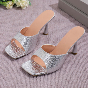 Luxury Gold Silver High Heels Sandals Women 2024 Slip On Square Toe Summer Slippers Woman Plus Size 43 Thin Heeled Party Shoes