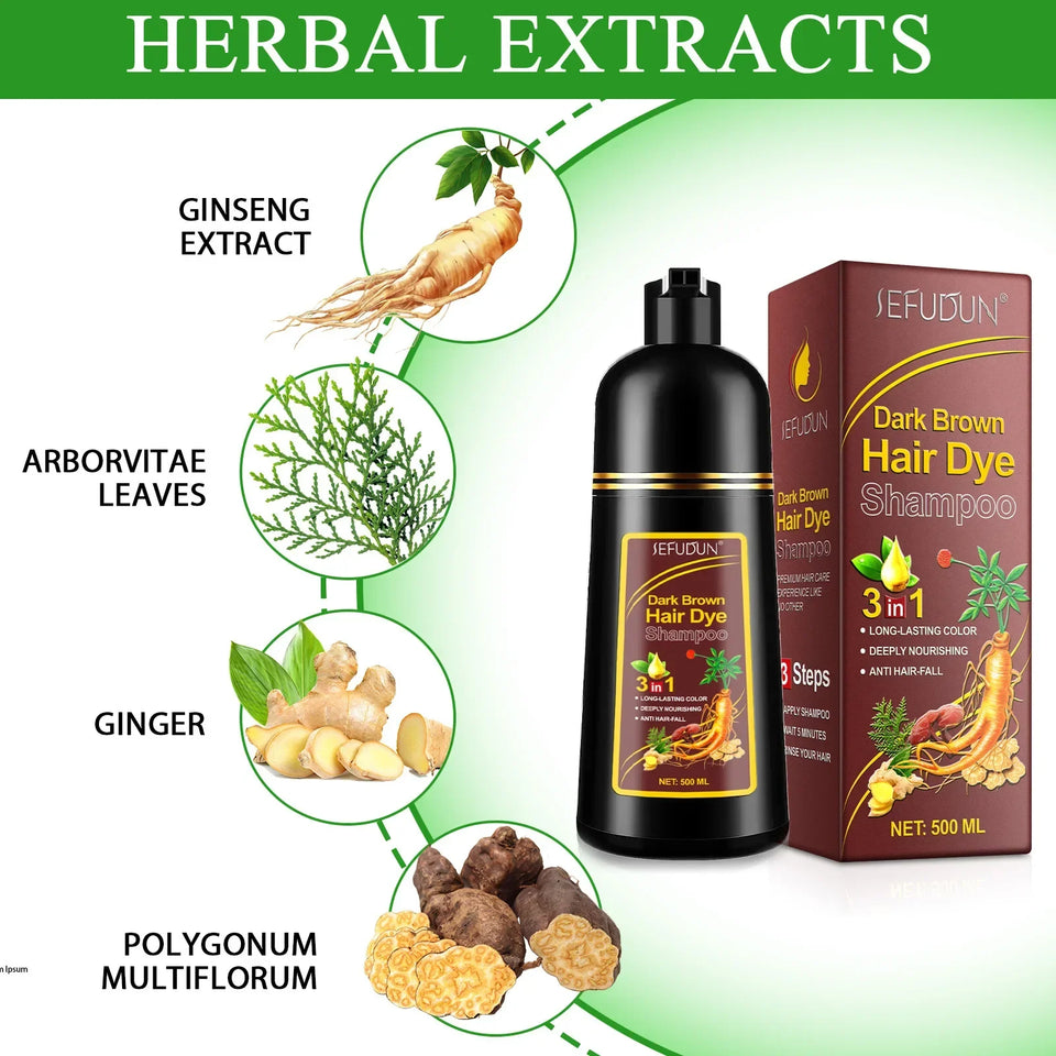 염색약 Shampoo 3 in 1 Organic Natural Hair Dye Ginseng Extract Black Hair Color Шампунь Для Волос for Cover Gray White Hair 500ML