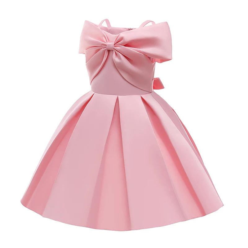 2024 New Girl Summer Solid Dress Bowknot Short Sleeve Shoulderless Children Skirts Breathable Quick Drying Casual Kids Dresses