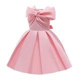 2024 New Girl Summer Solid Dress Bowknot Short Sleeve Shoulderless Children Skirts Breathable Quick Drying Casual Kids Dresses