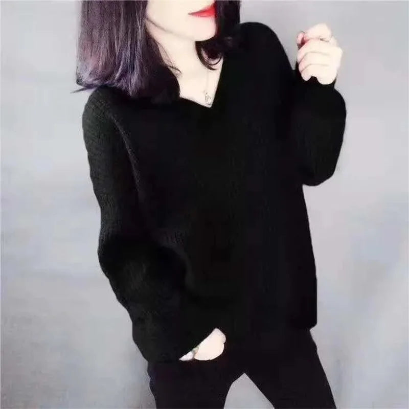 Ladies V-neck Pullover Knitted Autumn Winter Female New Solid Color Knit Coat
