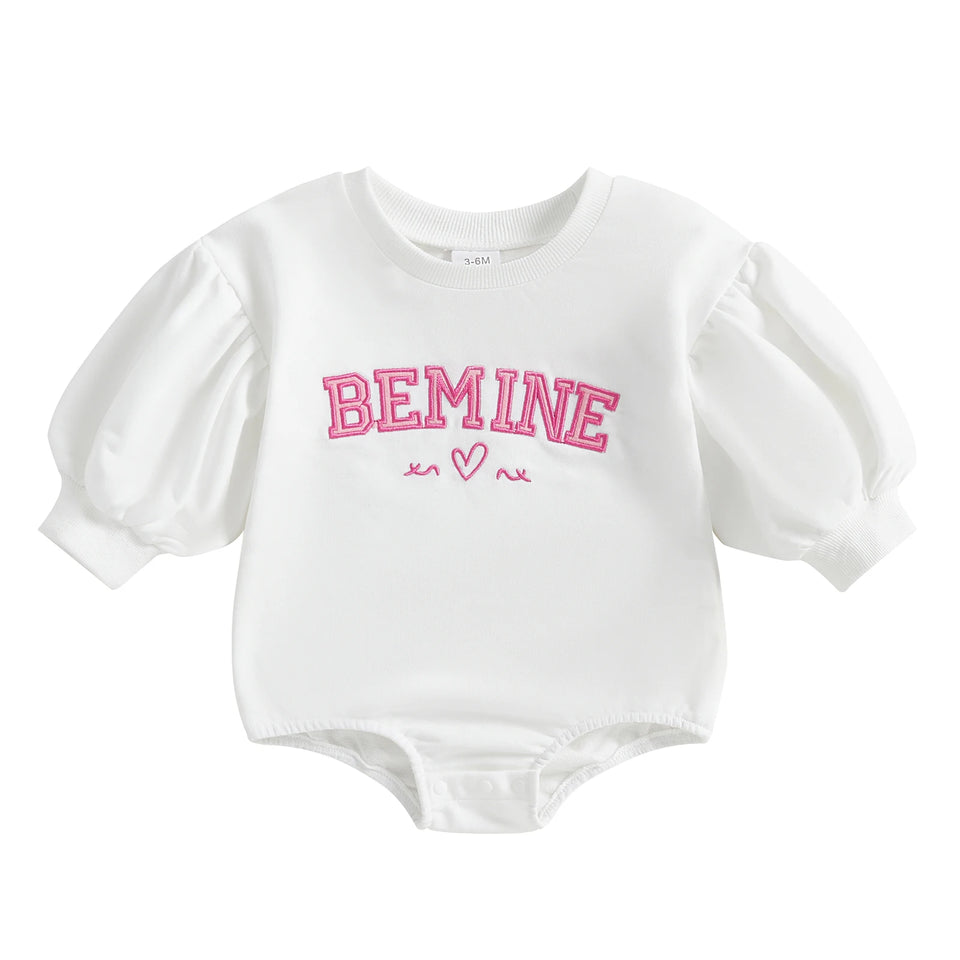 Infant Baby Girl Romper Autumn Valentine's Day Clothes Letter Embroidery Long Lantern Sleeve Crew Neck Bubble Jumpsuit for 0-18M
