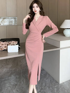 Women Pink Pleated Bodycon Formal Long Dress Autumn Winter Long Sleeve Chic Suit Dress