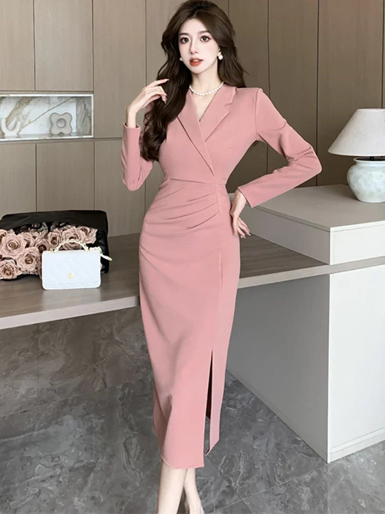 Women Pink Pleated Bodycon Formal Long Dress Autumn Winter Long Sleeve Chic Suit Dress