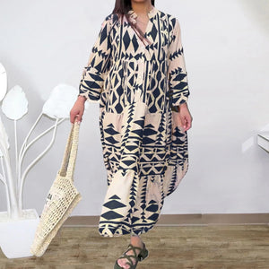 Summer Shirt Dresses Women Long Sleeve Pleated Boho Print Long Dress Robe Ladies Fashion Vintage Beach Maxi Dresses Vestidos