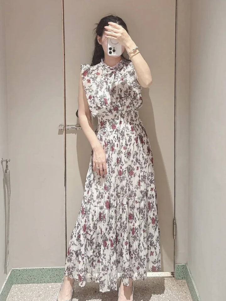 Kuzuwata Fresh Mid-length Print High Waist Robe New Gentle Literary Lace Up Pleated Slim Exquisite Mujer Japan New Elegant Dress