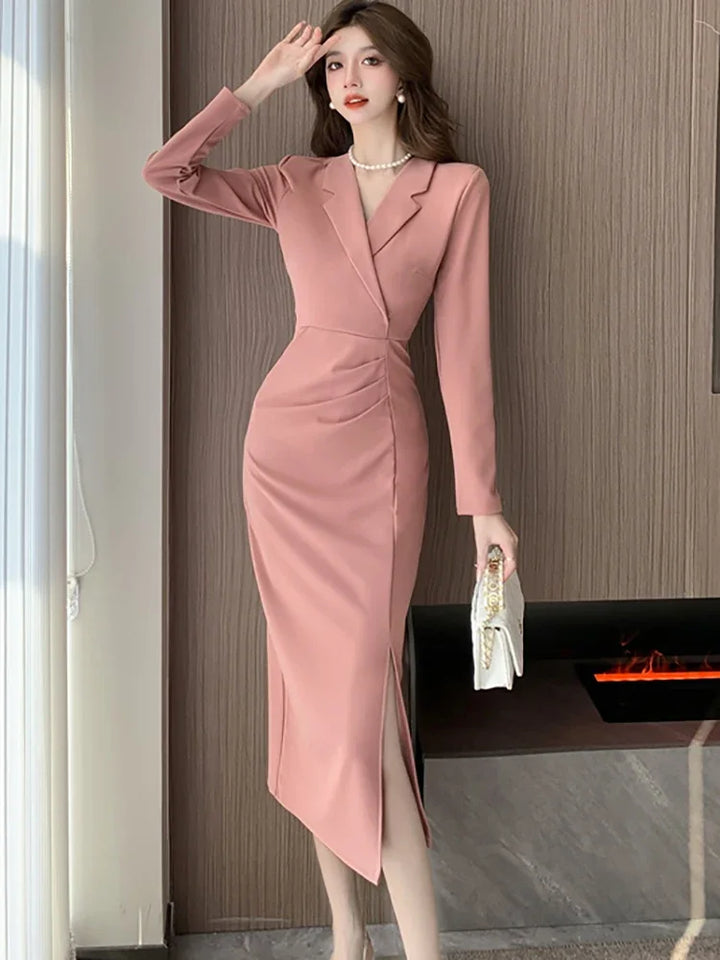 Women Pink Pleated Bodycon Formal Long Dress Autumn Winter Long Sleeve Chic Suit Dress
