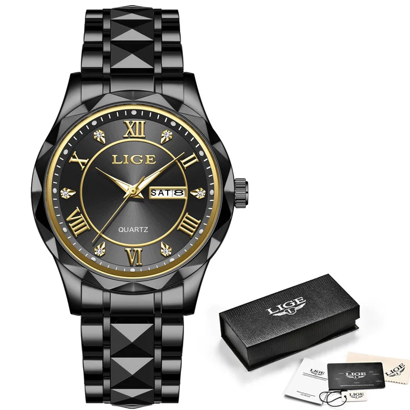LIGE Luxury Quartz Men Watch Waterproof Luminous Date Week Man Watch Stainless Steel Business Wristwatches Male Clock Reloj+Box